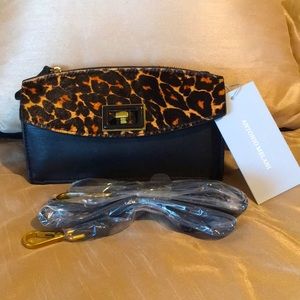 Antonio Melani Black Leather Belted Wallet Crossbody Bag w/Leopard Calf Hair